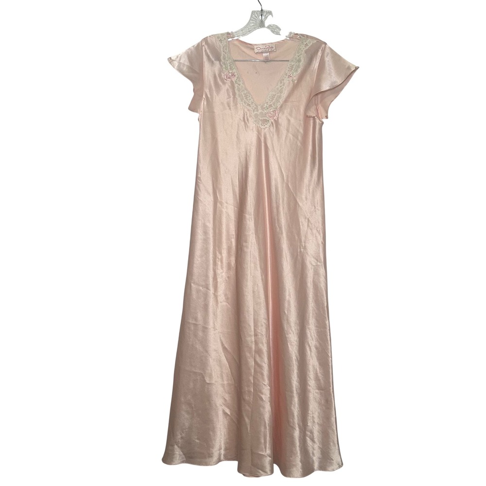 Oscar de la Renta Pink Label Satin Nightgown Pink Lace Floral Maxi Sleepwear S